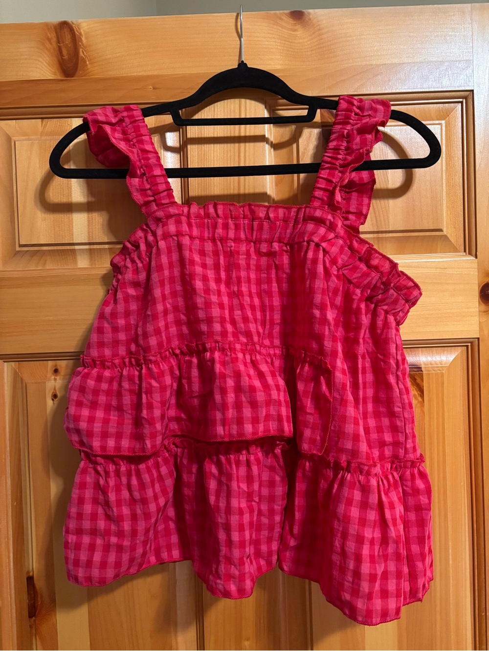 SHEIN Bright Pink Gingham Ruffle Tank Top